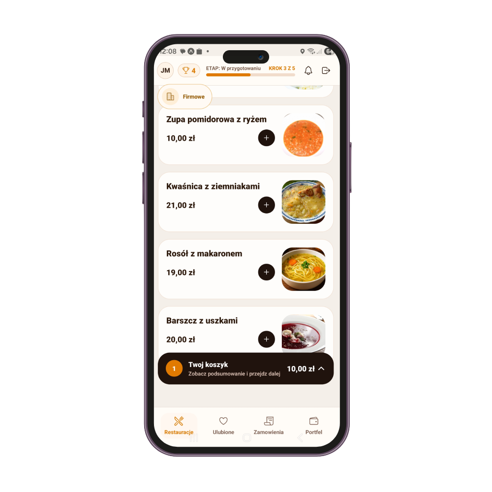 Mockup aplikacji Wszamanko z listą lokalnych restauracji
